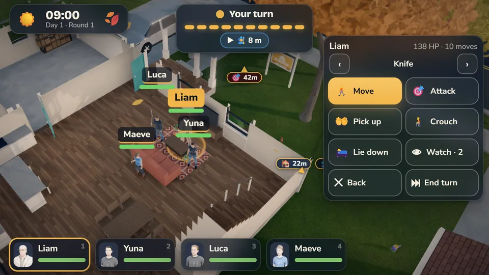 A family's turn in a backyard, with the move menu open