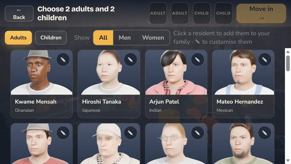 Choosing two adults and two children from the residents