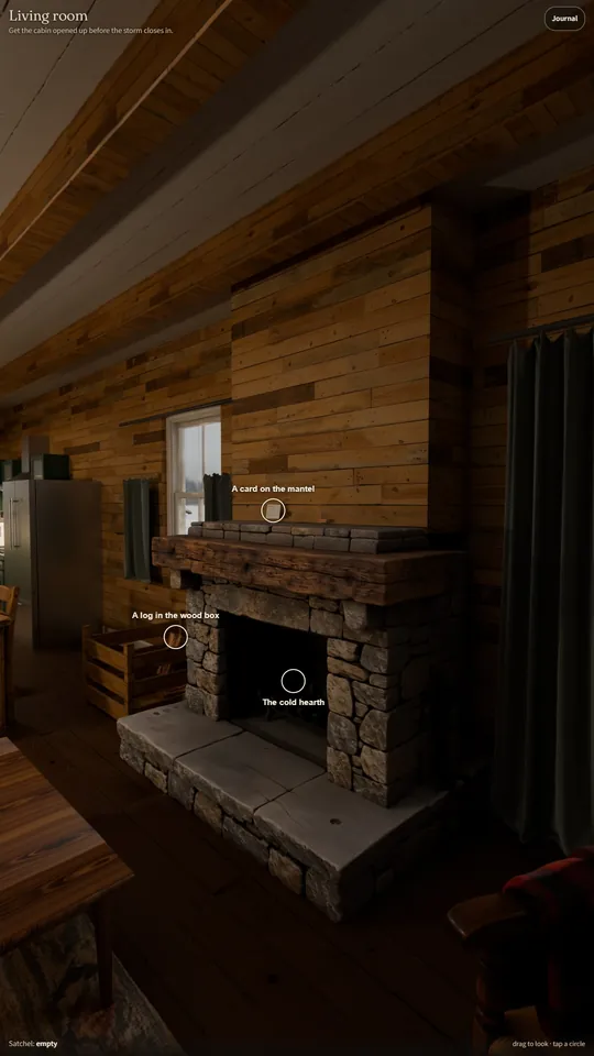 The cabin living room with a cold stone hearth and a card on the mantel