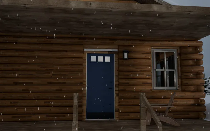 The log cabin's blue front door, snow falling