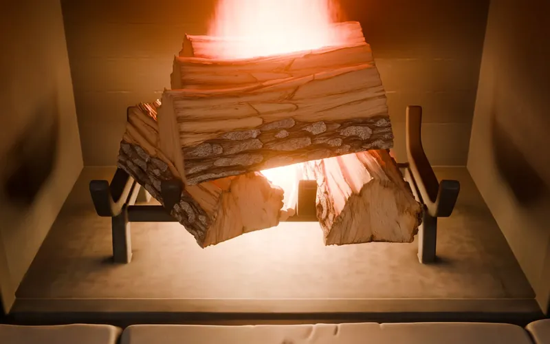 Split logs burning in the firebox