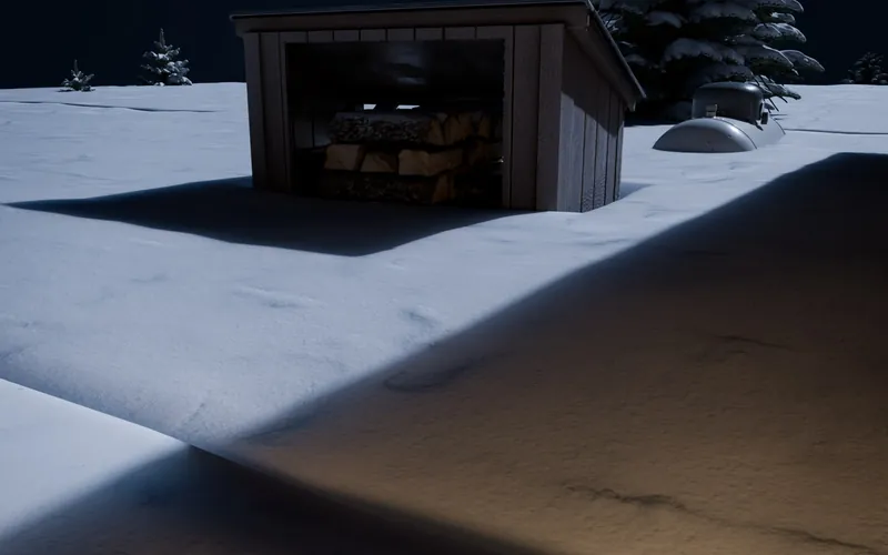 Deep snow between the cabin and the woodshed at night