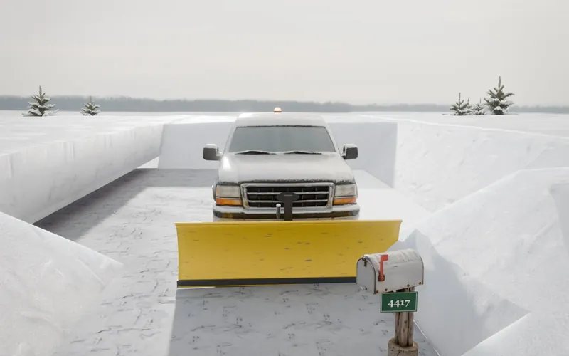 A pickup with a plow blade at the end of a snow-walled drive