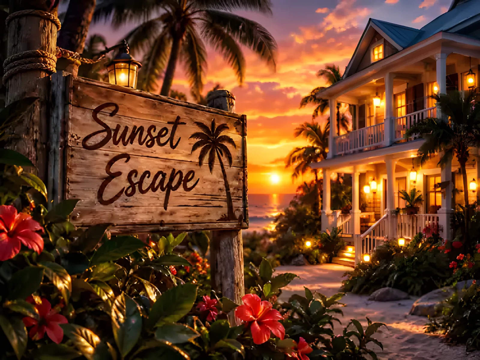 The Sunset Escape wooden sign, with the beach house glowing at sunset behind it