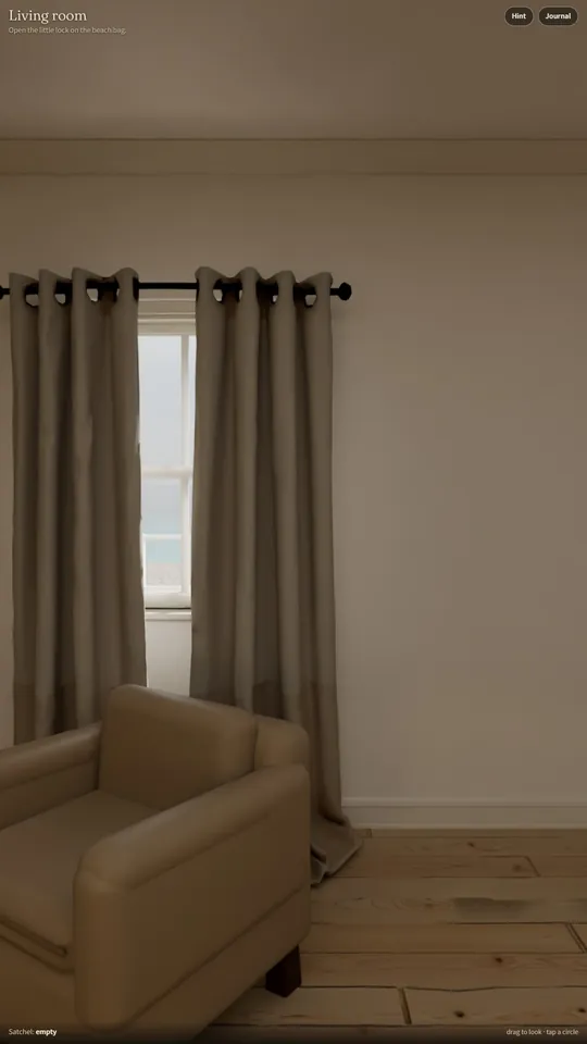The living room of the beach house, an armchair by a curtained window